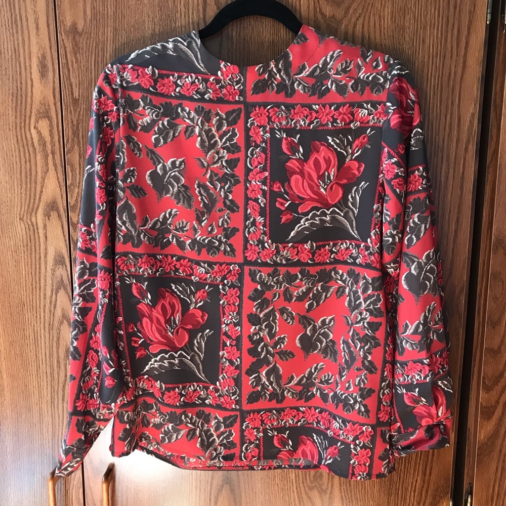 Vintage Red Black White Rose Floral Color Blocking Mixed Pattern Blouse